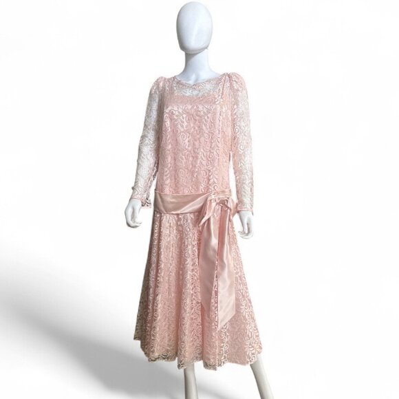Vintage Pink Prom Dress Lace Floral Drop Waist Sz 14 / 16 - Picture 1 of 6